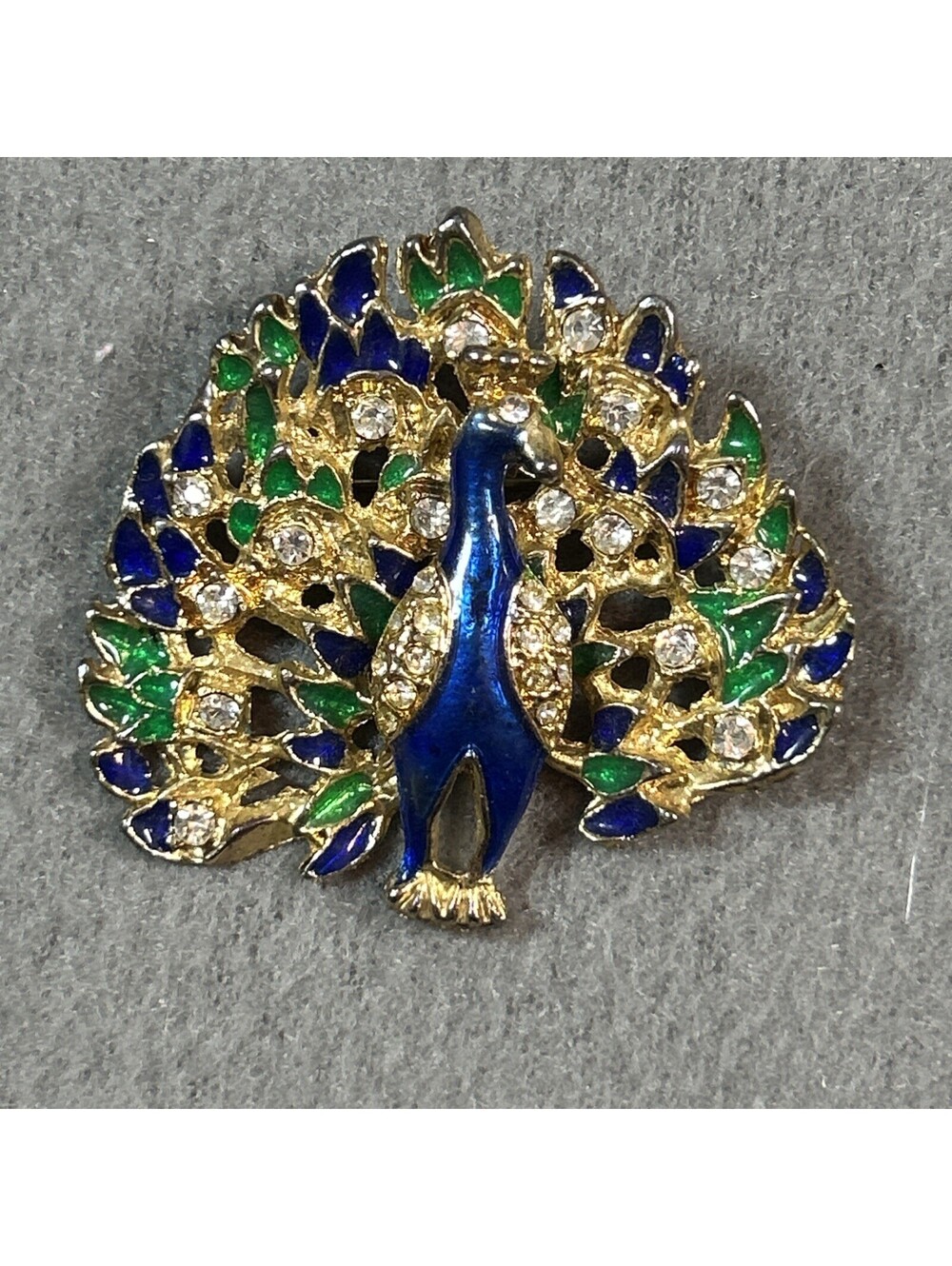 Vintage Estate Blue Enameled Blue Green Peacock Broach Lapel Pin Rhinestones